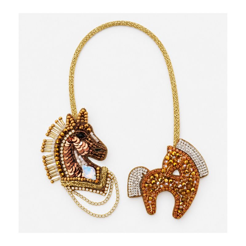 Horse Duo Charm, hand-beaded horse head and body pendant on a gold cord