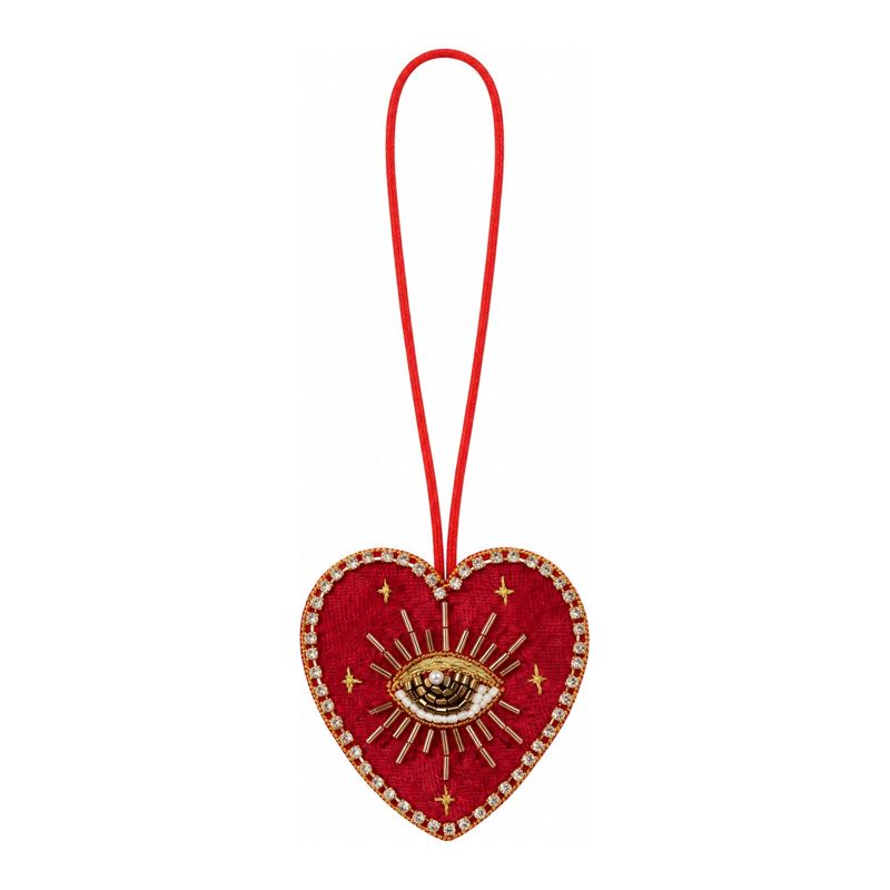 Beaded heart charm with a gold and pearl embroidered eye